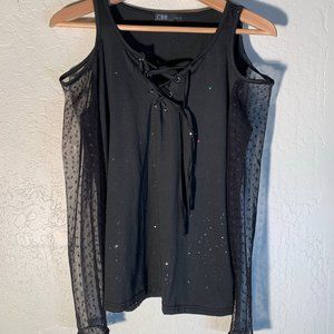 Chic Me Cold Shoulder Glitter Mesh Lace-Up Blouse